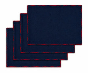 Navy Blue with Red Stitch Cotton Table Placemats, reusable rectangle placemats for modern and coastal dining décor