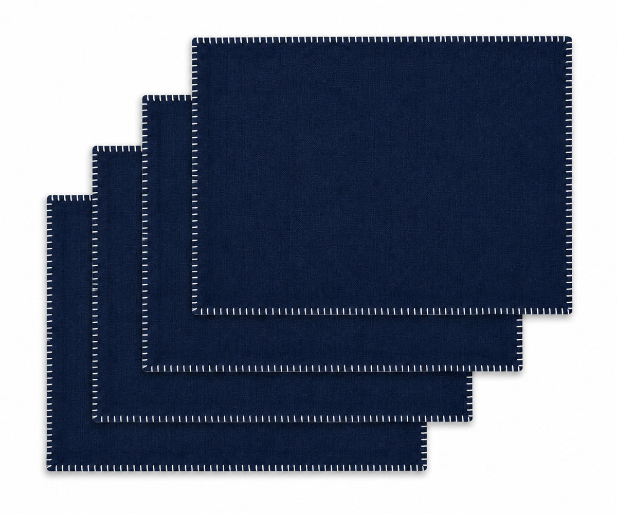 Navy Blue with White Stitch Rectangle Cotton Placemats Set of 4, washable whip stitched placemats for dining table