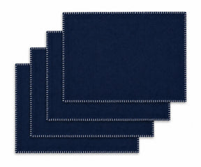 Navy Blue with White Stitch Rectangle Cotton Placemats Set of 4, washable whip stitched placemats for dining table