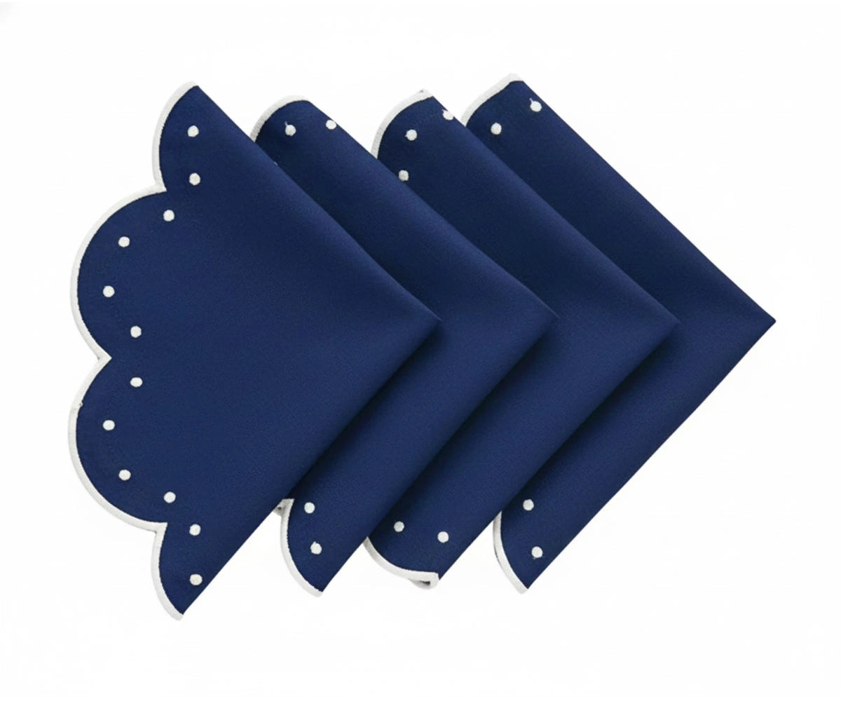 Navy blue scalloped cotton round placemats with white dotted detailing, luxury table placemats for dining table