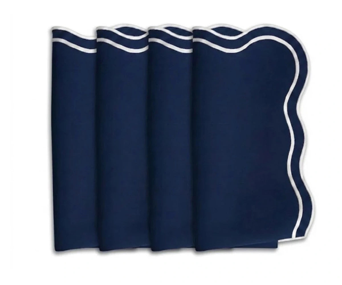 Navy blue scalloped edge cloth napkins with white trim made from 100% cotton for elegant wedding tables, holiday dining, and modern farmhouse table décor.