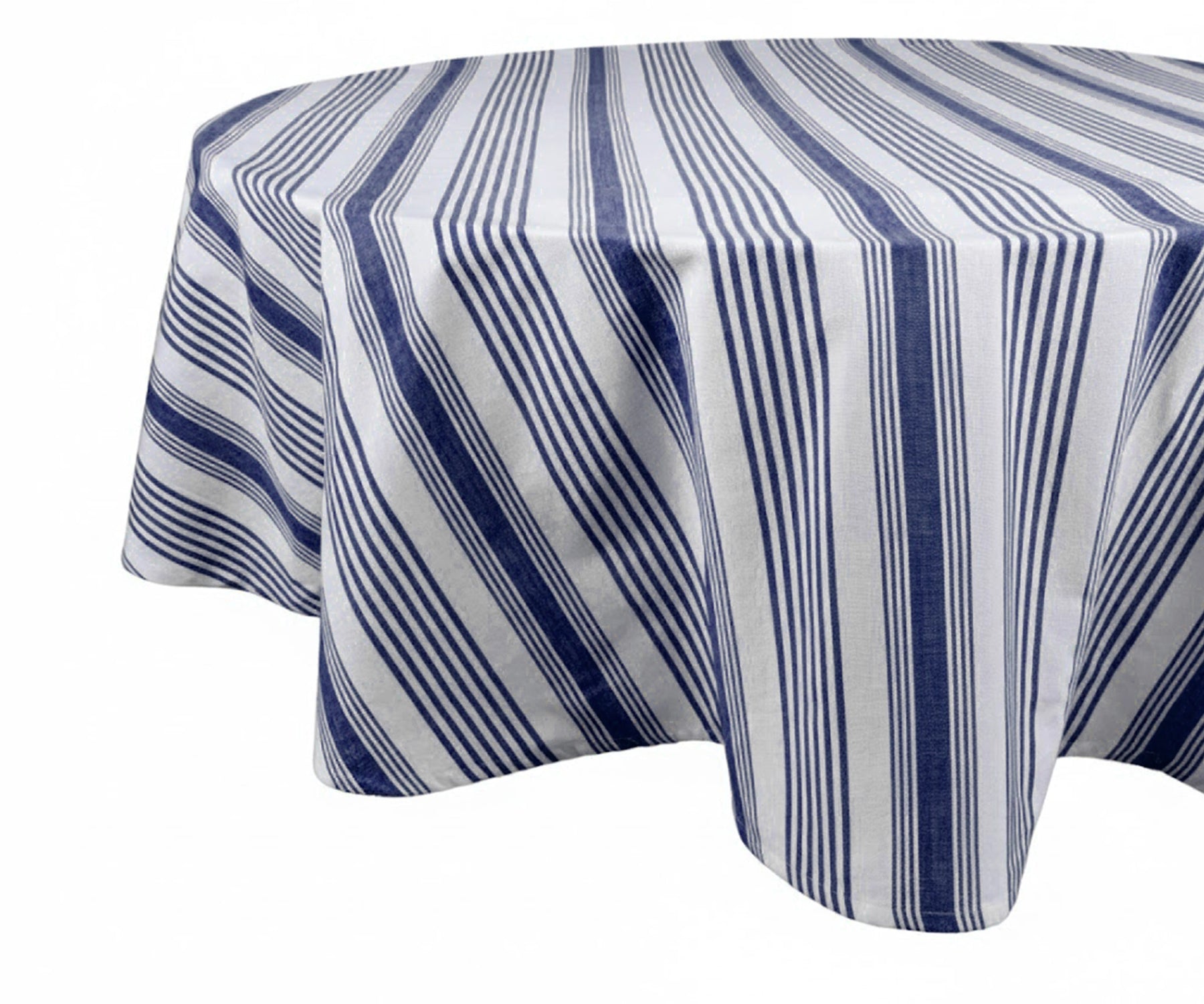 Round navy blue white striped cotton tablecloth for farmhouse dining décor