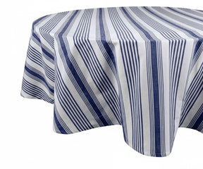 Round navy blue white striped cotton tablecloth for farmhouse dining décor