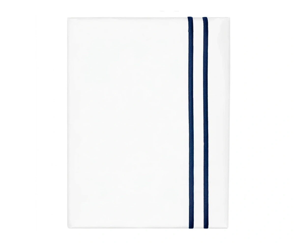 White cotton flat sheet with navy double line embroidery border