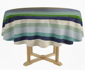 Round 54 inch cotton tablecloth in beige and white stripe pattern for rustic kitchen and brunch tablescape.