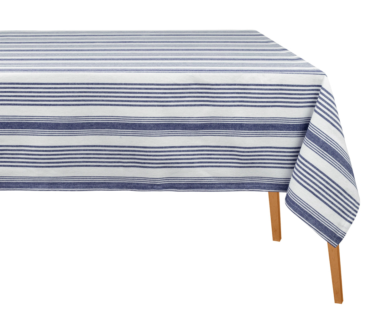 Blue and white striped cotton tablecloth, rectangular French coastal style dining table linen