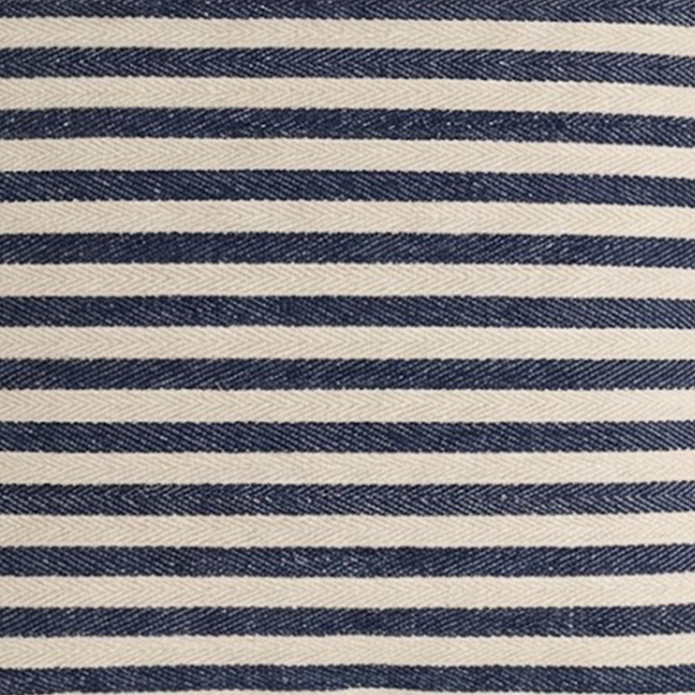 Close-up of navy blue and beige striped fabric showing a detailed herringbone jacquard weave with horizontal stripes

