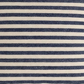 Close-up of navy blue and beige striped fabric showing a detailed herringbone jacquard weave with horizontal stripes
