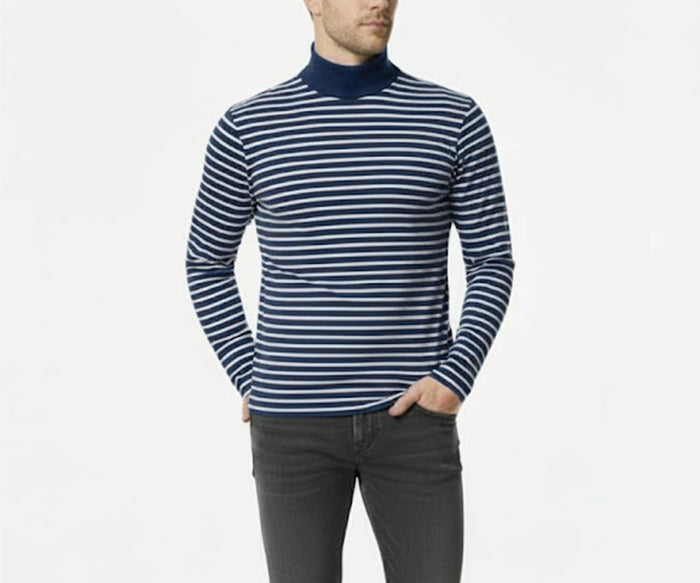 Men’s navy blue high neck cotton t-shirt with modern fit, breathable fabric for casual and gym wear