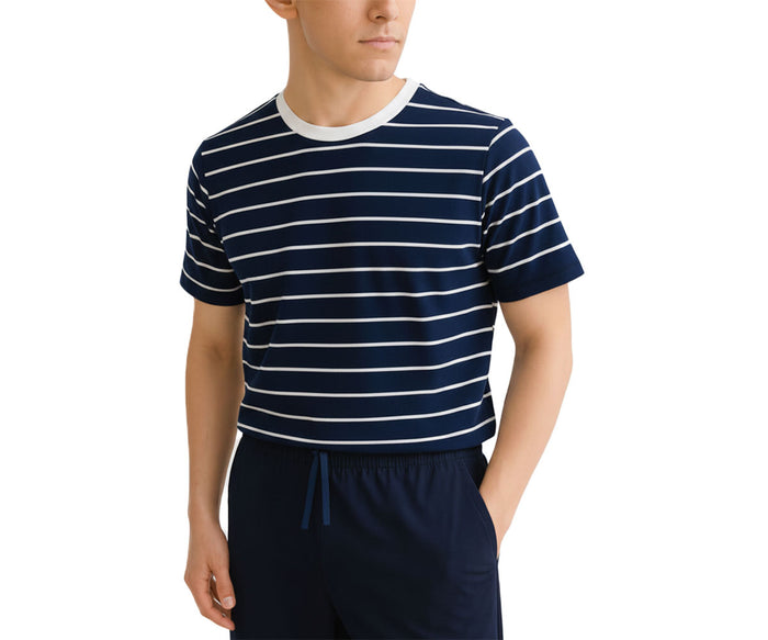 Navy and white striped organic cotton men’s tee – sustainable regular-fit short sleeve shirt.