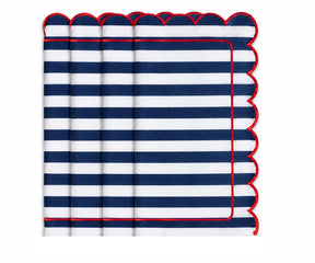 Navy white cabana stripe scalloped cloth napkin with red edging for nautical table settings and summer entertaining