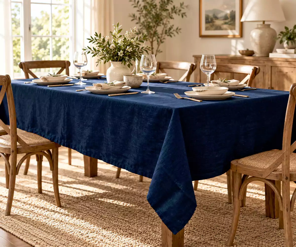 Navy Blue Linen Tablecloth
