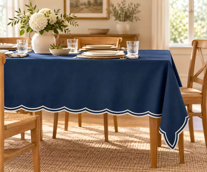 White Scalloped Tablecloth - Navy Blue