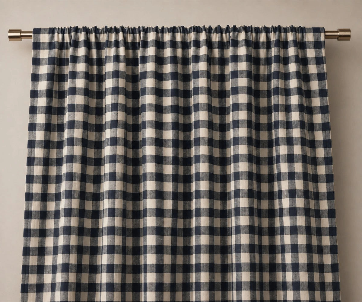Navy blue and cream buffalo plaid curtains, 100% cotton farmhouse drapes for living room windows
