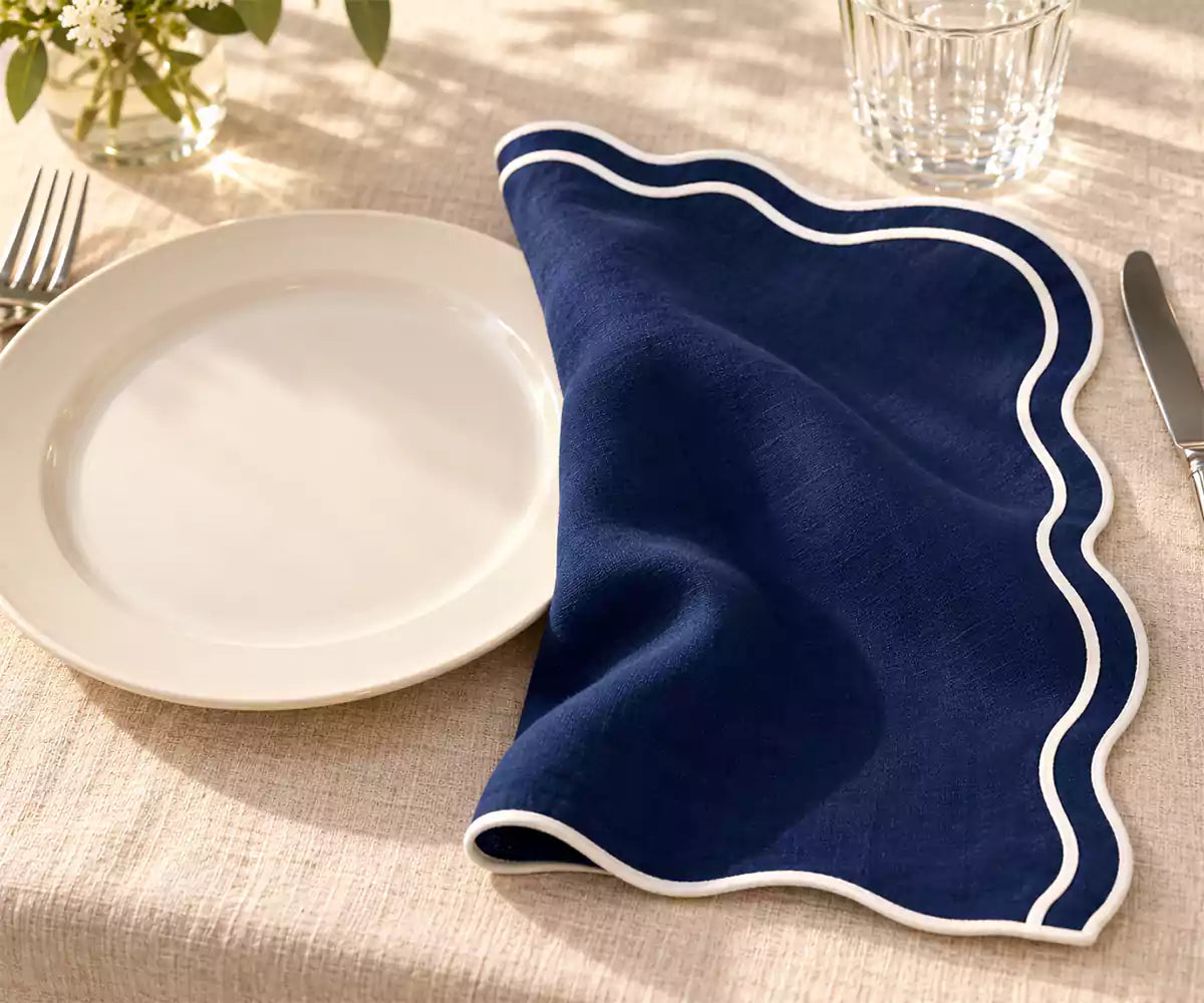 Navy Blue Napkins with White Scalloped Edge
