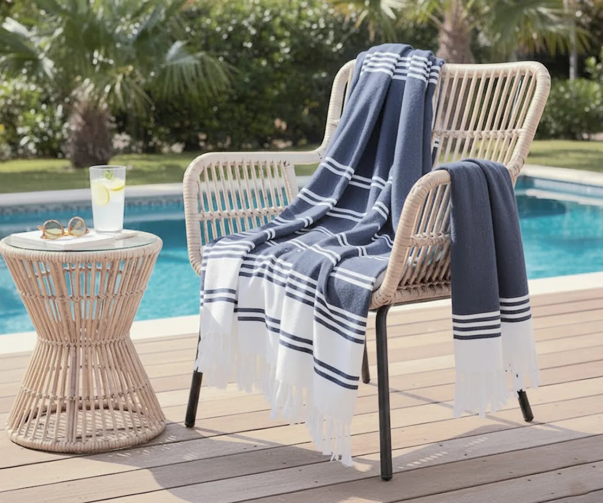 Premium navy cotton Turkish towels, set of 2, soft, durable, and stylish for home, spa, or beach adventures.