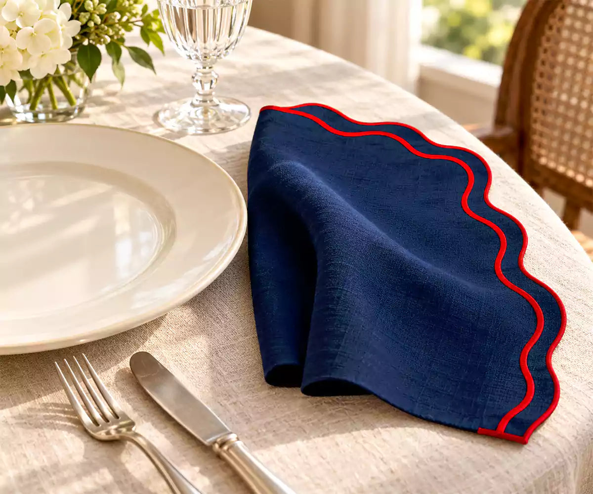 Navy Blue Napkins with Red Scalloped Edge