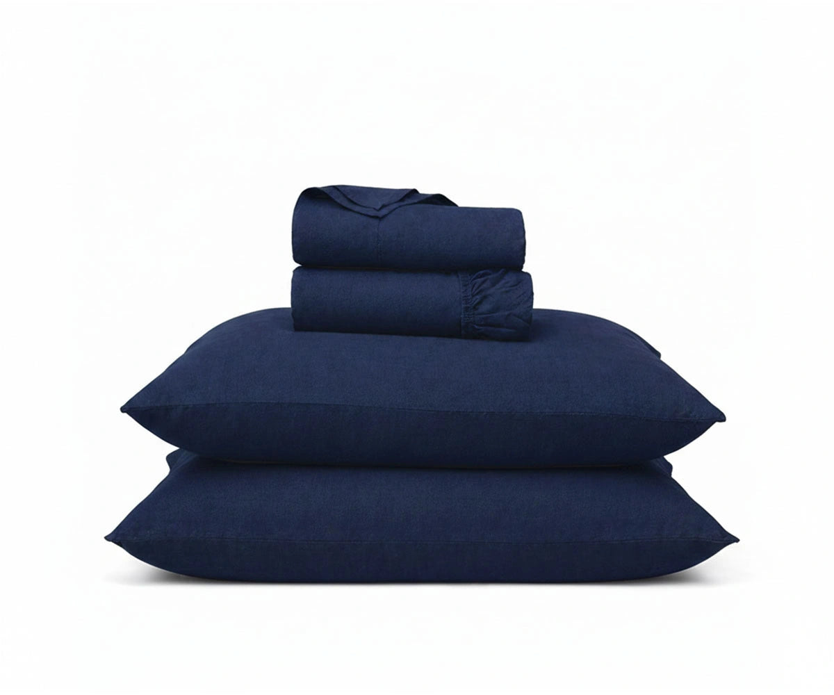 Deep navy blue linen bed sheets made from breathable European flax linen