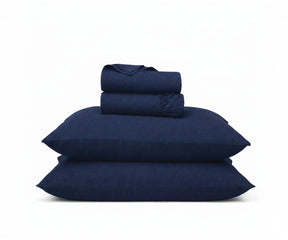 Navy blue European flax linen sheets, deep pocket luxury bedding set for king and queen beds, breathable stonewashed linen sheet set