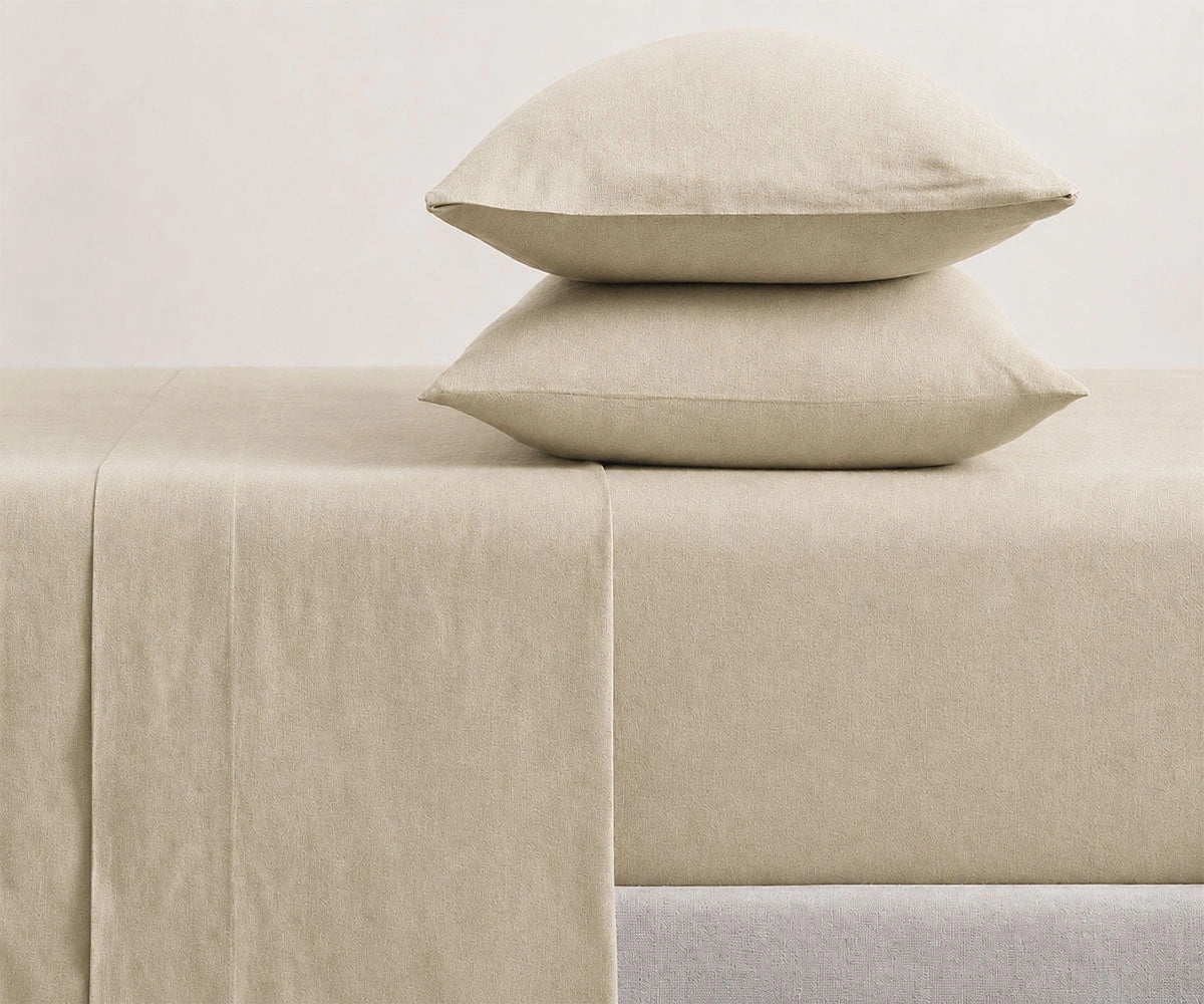 Neutral beige bedding set in premium European linen, soft cooling bed sheets for farmhouse, contemporary, and luxury bedroom decor