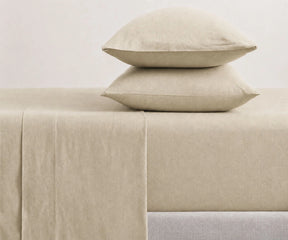 Neutral beige bedding set in premium European linen, soft cooling bed sheets for farmhouse, contemporary, and luxury bedroom decor