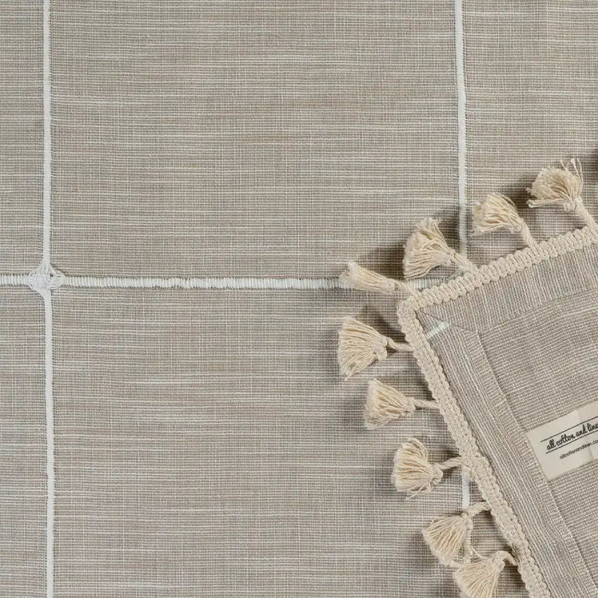 eco-friendly beige plaid tablecloth with tassels