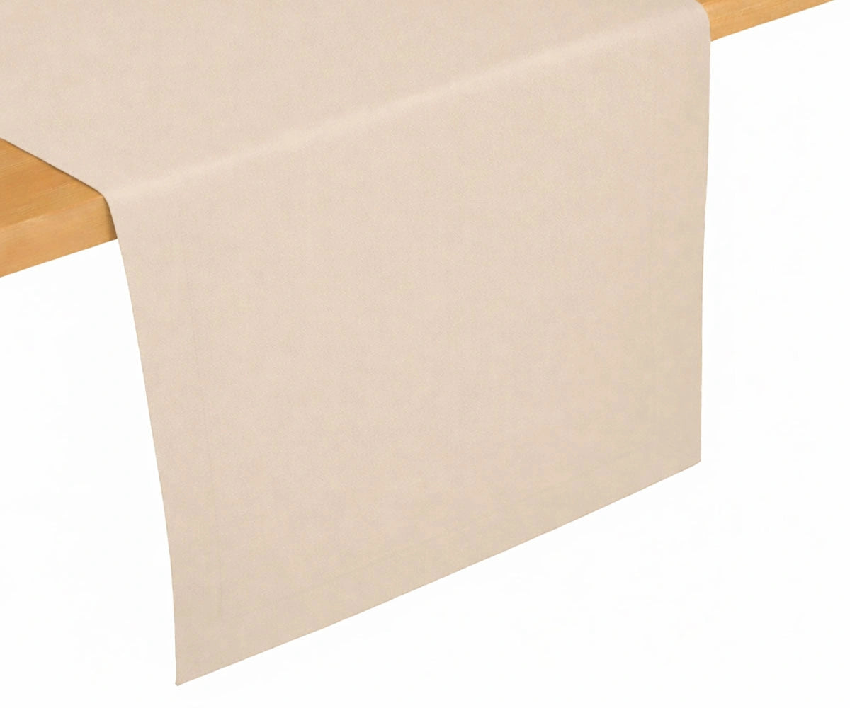 Beige cotton table runner draped on wooden table, warm neutral table décor for casual and formal dining spaces