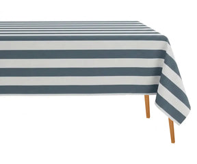 Ocean blue striped rectangle tablecloth in cotton linen, fresh coastal-inspired fabric for beach house dining decor