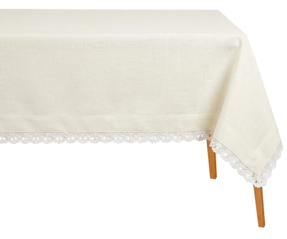 Off white cotton lace tablecloth with decorative lace border