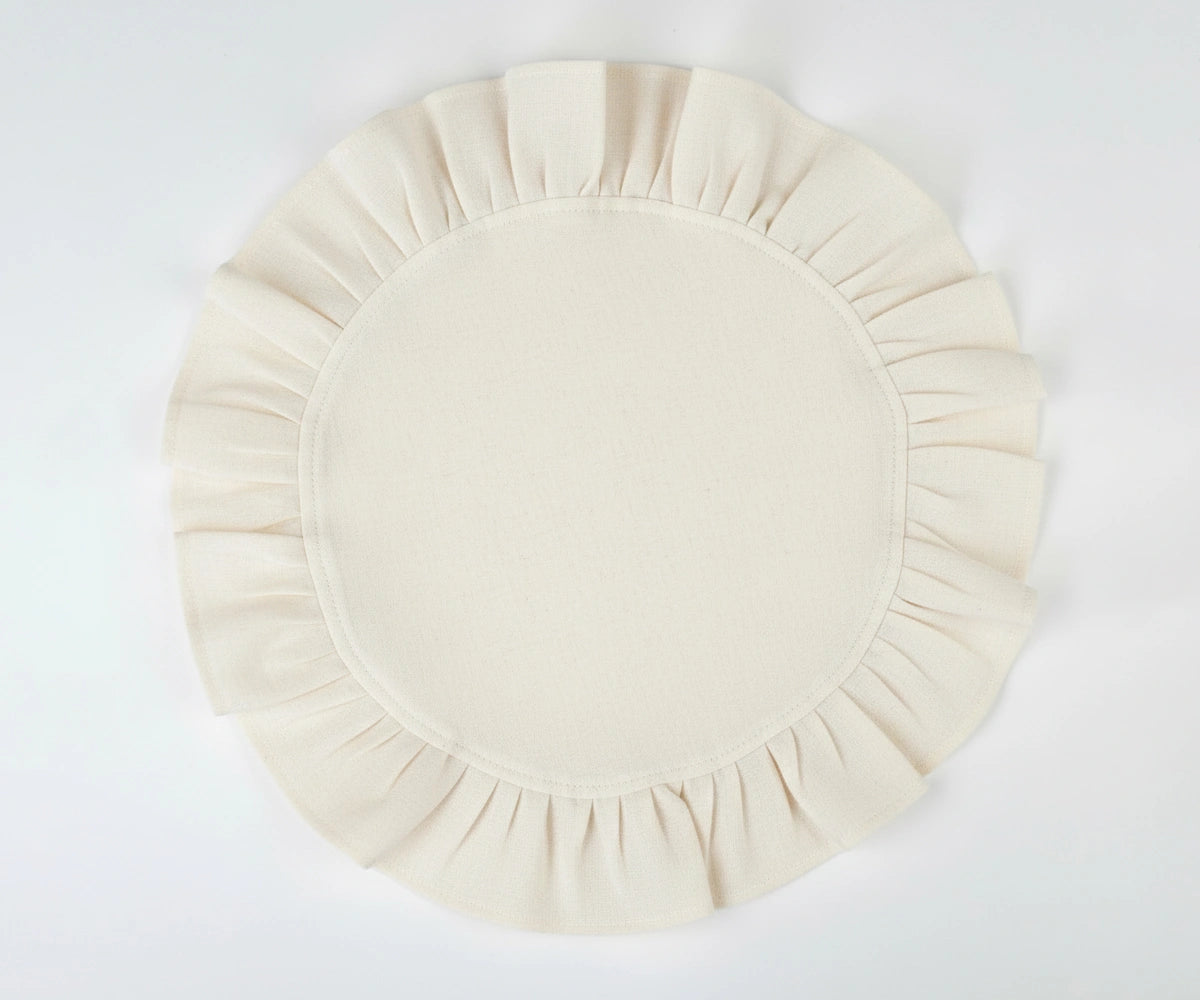 Off white round ruffled cotton placemat