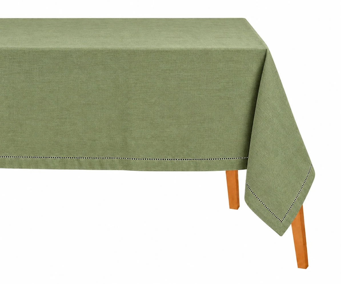 Olive green cotton linen tablecloth with a hemstitched border, perfect for elegant dining and special occasions