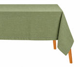 Olive green cotton linen tablecloth with a hemstitched border, perfect for elegant dining and special occasions