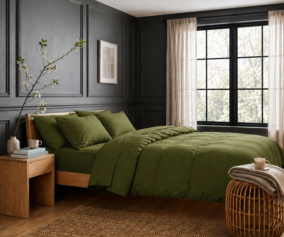 Olive green linen duvet cover set for earthy farmhouse bedroom decor with breathable natural linen fabric