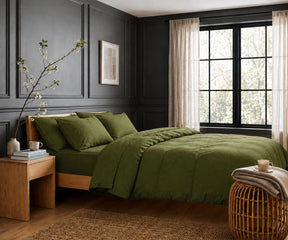 Olive green linen duvet cover set for earthy farmhouse bedroom decor with breathable natural linen fabric