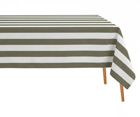 Olive green and white stripe rectangle tablecloth, textured cotton linen fabric for earthy farmhouse table styling