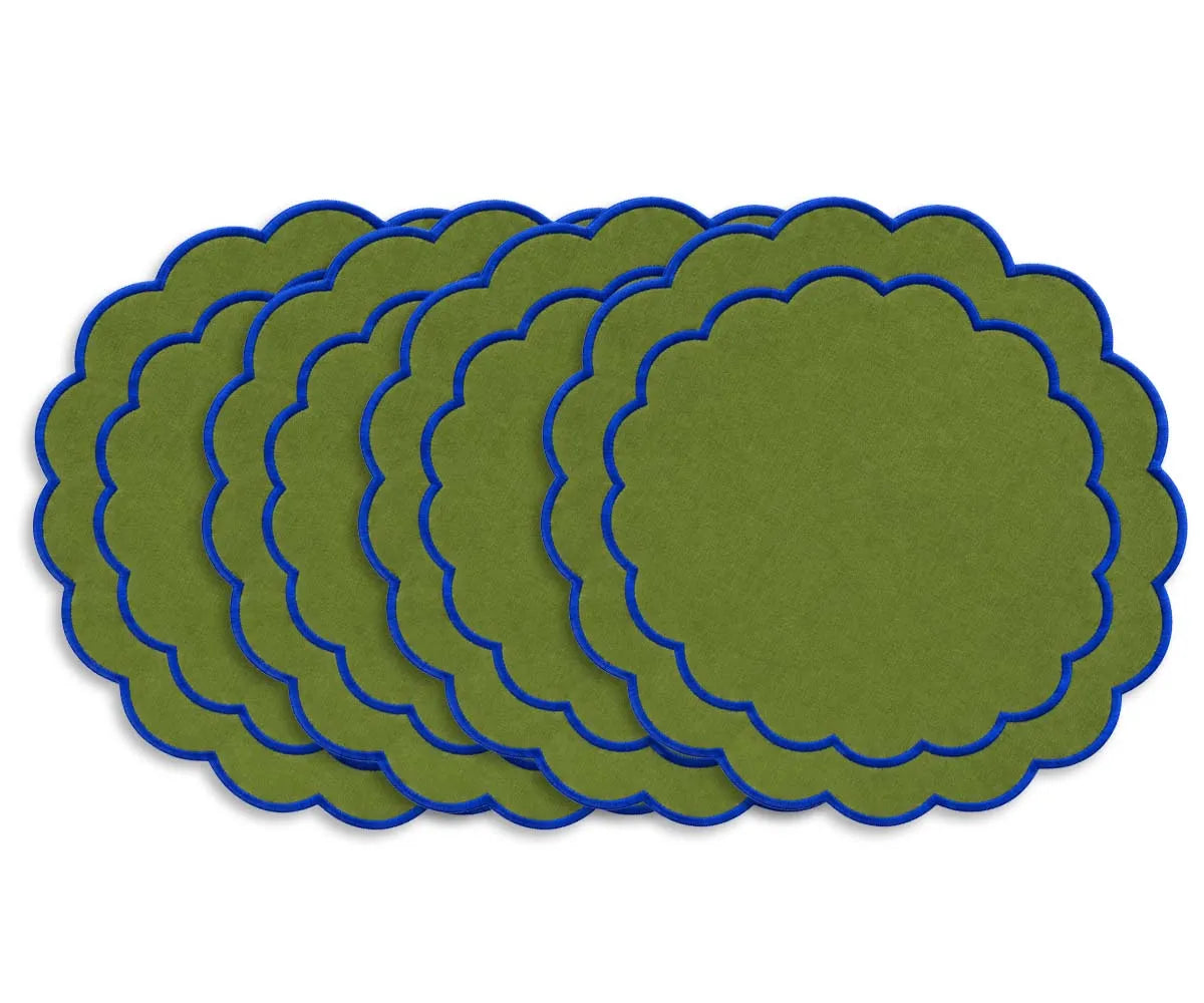 Scalloped round cotton placemat with detailed embroidery, designed for dining, entertaining, and special occasions