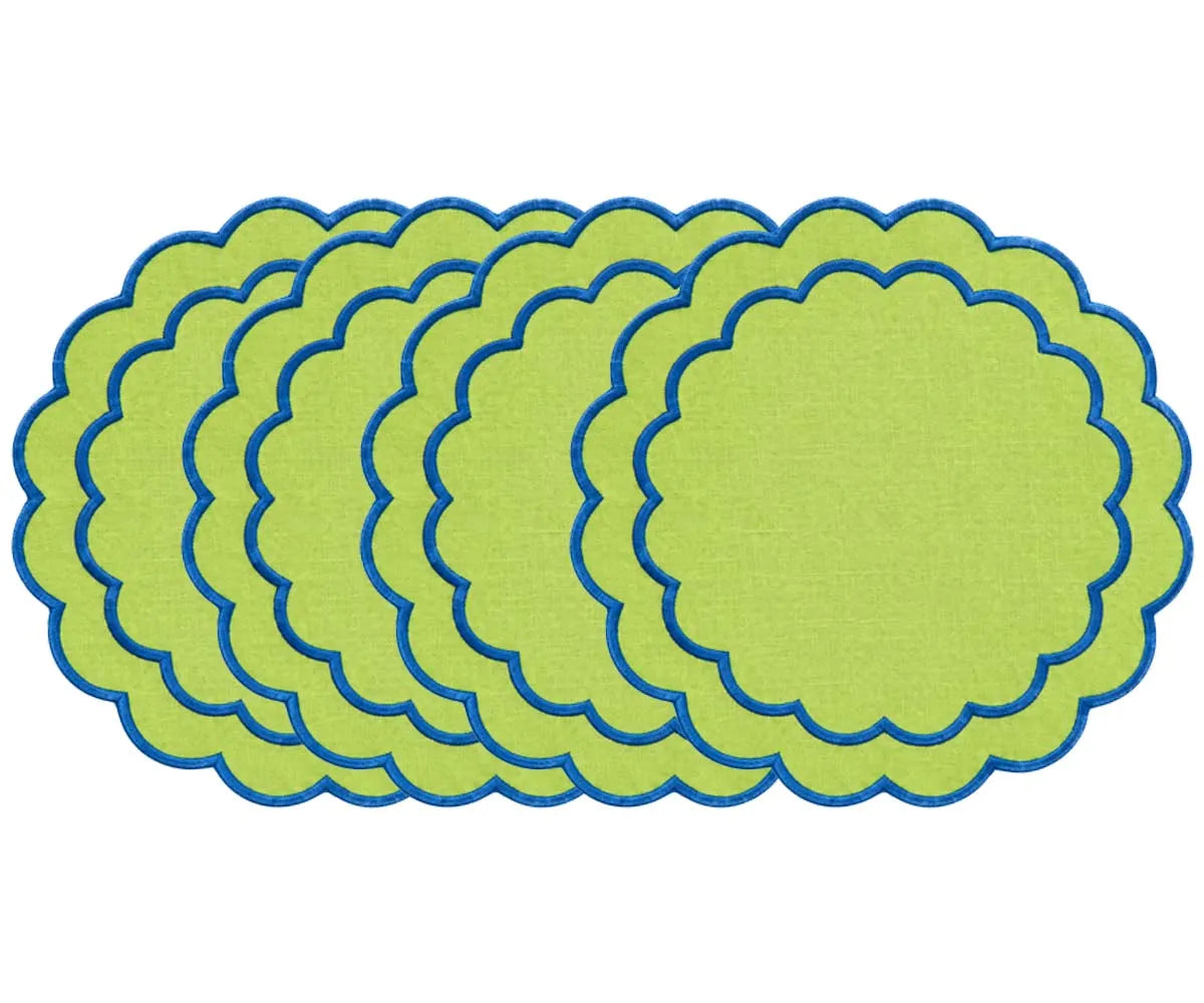 Scalloped round cotton placemat with detailed embroidery, designed for dining, entertaining, and special occasions