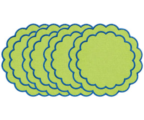 Scalloped round cotton placemat with detailed embroidery, designed for dining, entertaining, and special occasions