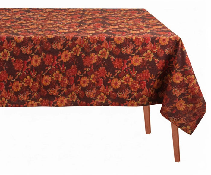 Vibrant orange floral block print cotton tablecloth on dining table