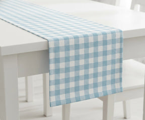 Light blue and white checkered cotton table runner