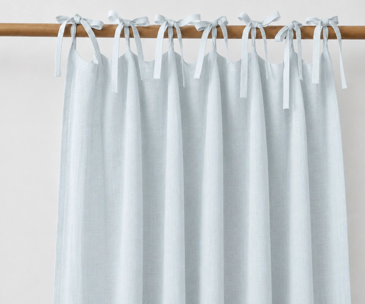 Pale blue tie top linen curtains made from 100% linen, light filtering window panels for bedroom, living room and coastal home decor