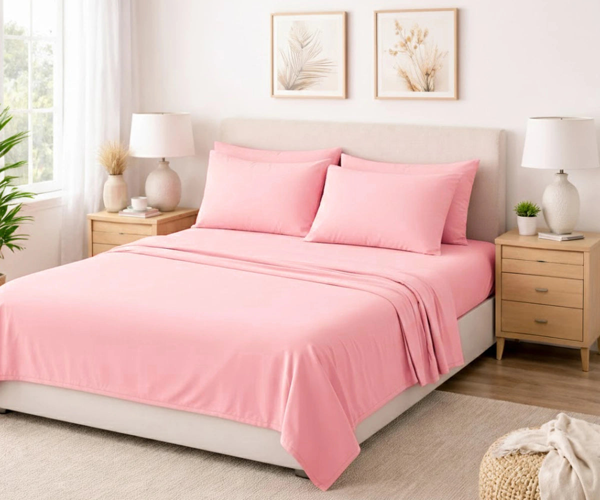 light pink linen bedding set with deep pocket fitted sheet, breathable luxury sheets