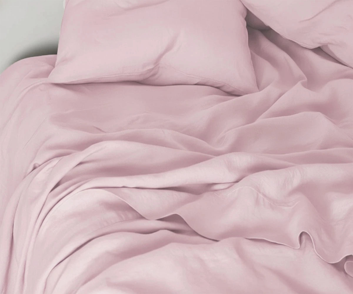 Pastel pink linen bed sheets set made from 100% pure linen with deep pocket fitted sheet