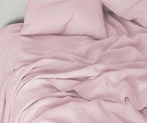 Pastel pink linen bed sheets set made from 100% pure linen with deep pocket fitted sheet