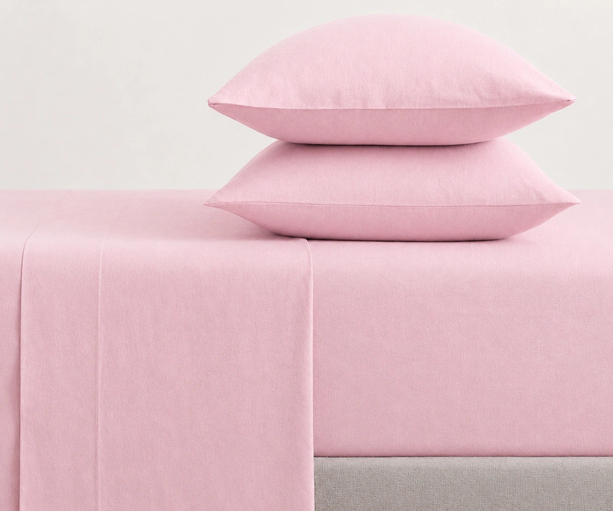 Shop Pastel Pink linen fitted sheet set made from European linen, soft pre-washed deep pocket bedding for modern bedrooms