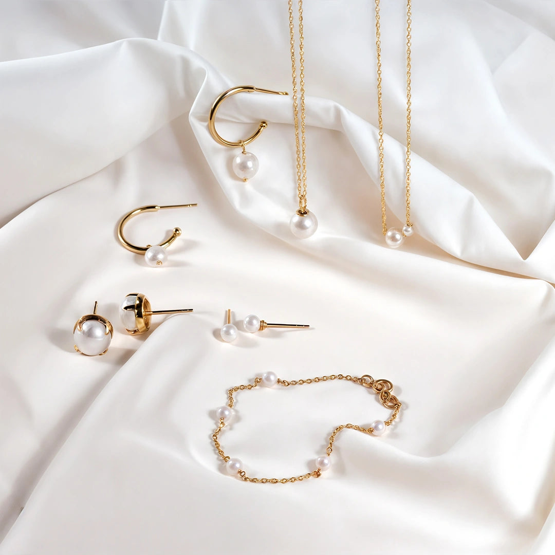 Dainty pearl jewelry set with gold-plated earrings, pearl necklaces, and pearl charm bracelet  timeless pearl accessories for brides, everyday pearl jewelry, gift for her.