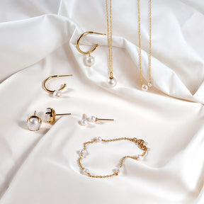Dainty pearl jewelry set with gold-plated earrings, pearl necklaces, and pearl charm bracelet  timeless pearl accessories for brides, everyday pearl jewelry, gift for her.