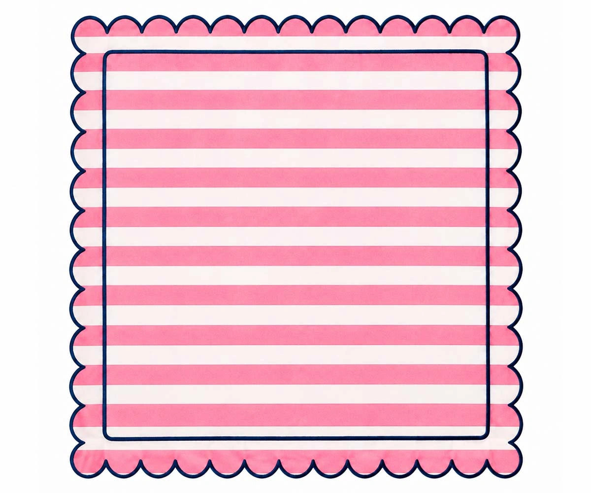peony striped cloth napkin with contrasting navy blue scalloped border, washable cotton table napkin for stylish dining table decor, casual meals, dinner parties, family gatherings.