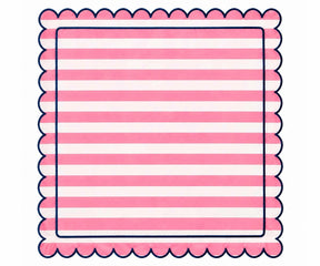 peony striped cloth napkin with contrasting navy blue scalloped border, washable cotton table napkin for stylish dining table decor, casual meals, dinner parties, family gatherings.