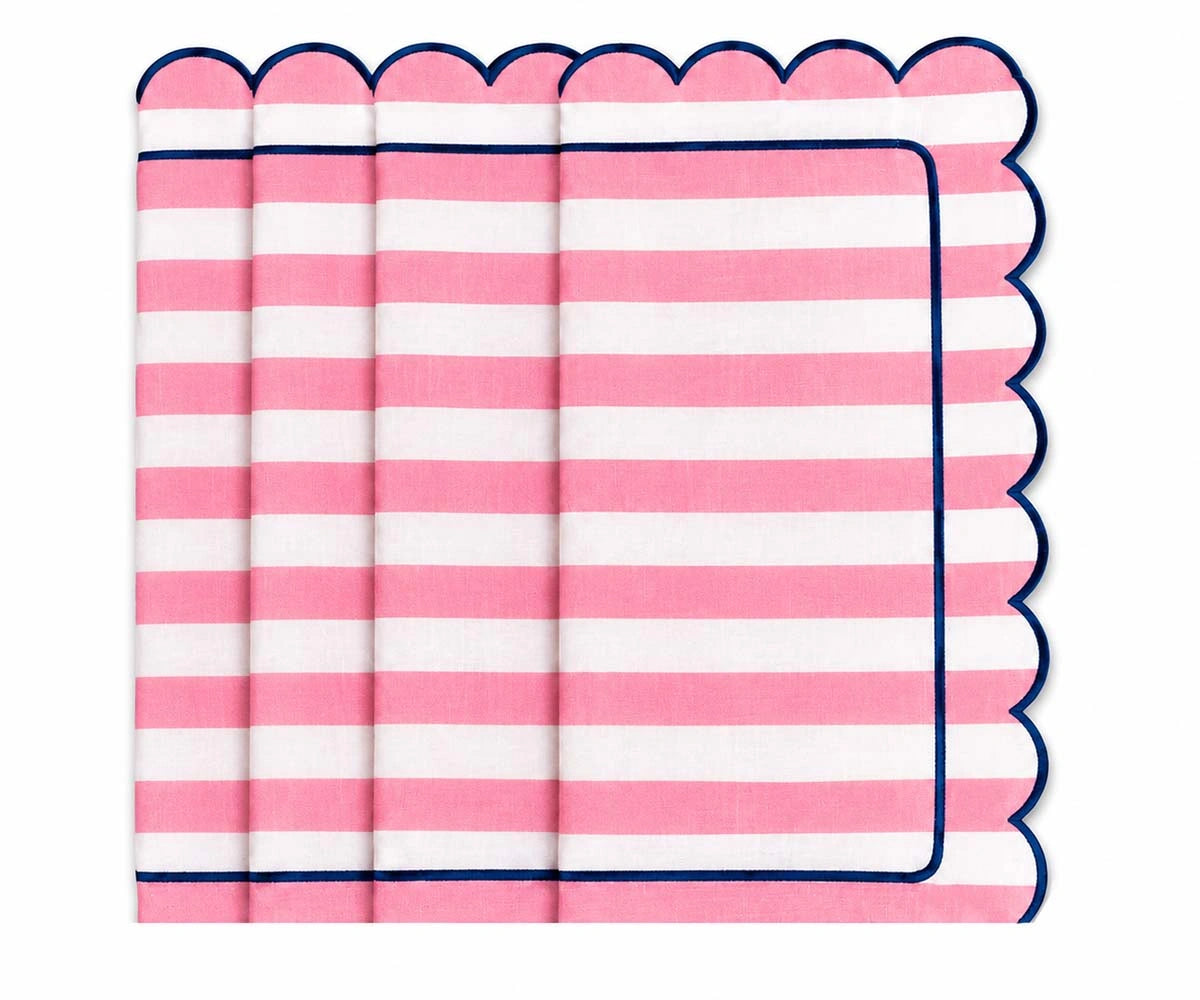 peony Pink and navy blue striped cotton napkin with decorative scalloped edge trim, elegant cloth table napkin for dining table settings